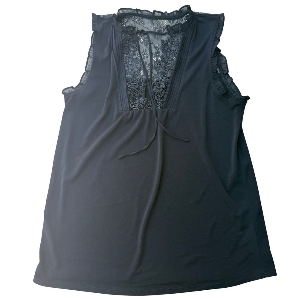 Black Lace Yoke Sleeveless Blouse Ruffle Trim V-Neck Pleated Front Top